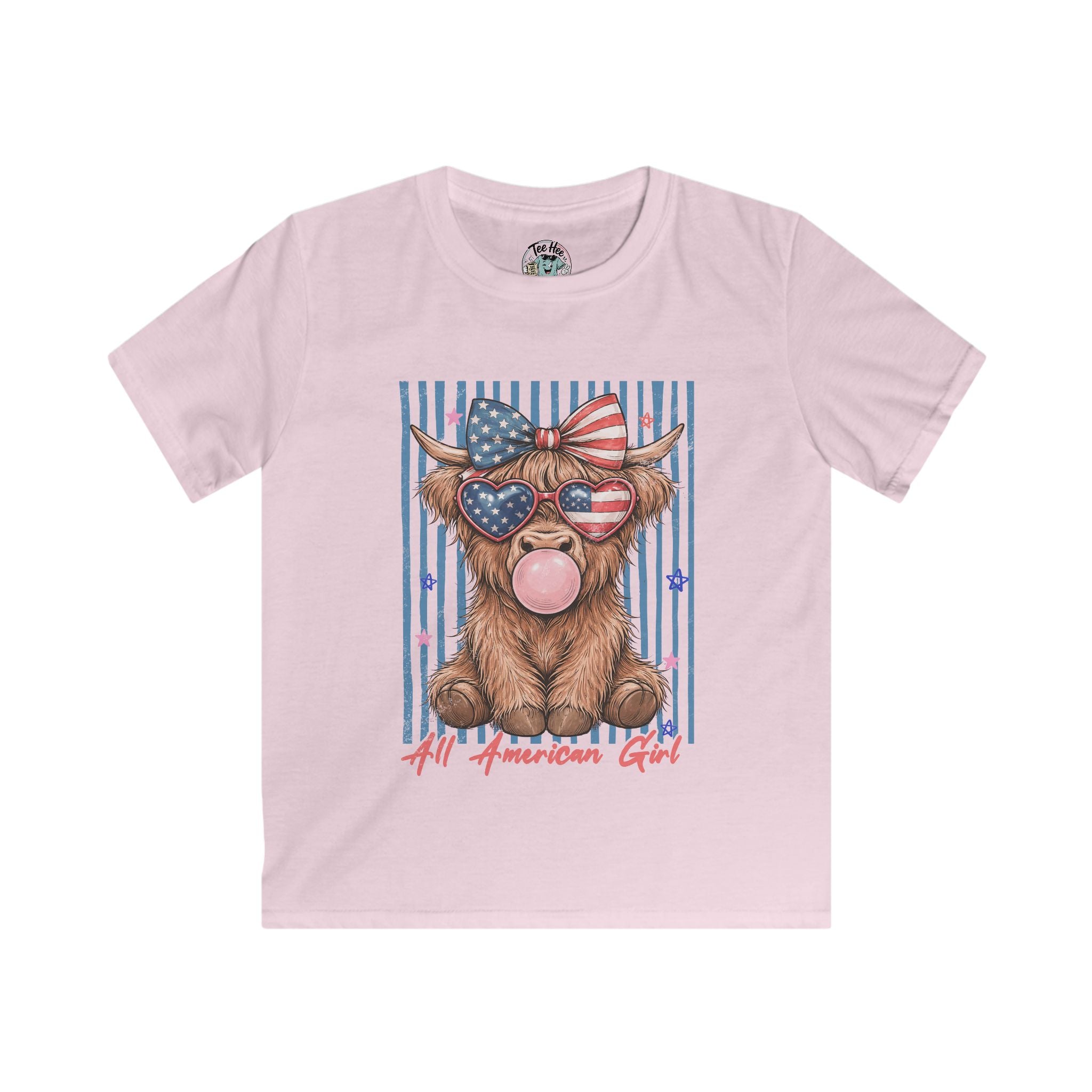 All American Girl Kids Graphic Tee — Patriotic Highland Cow