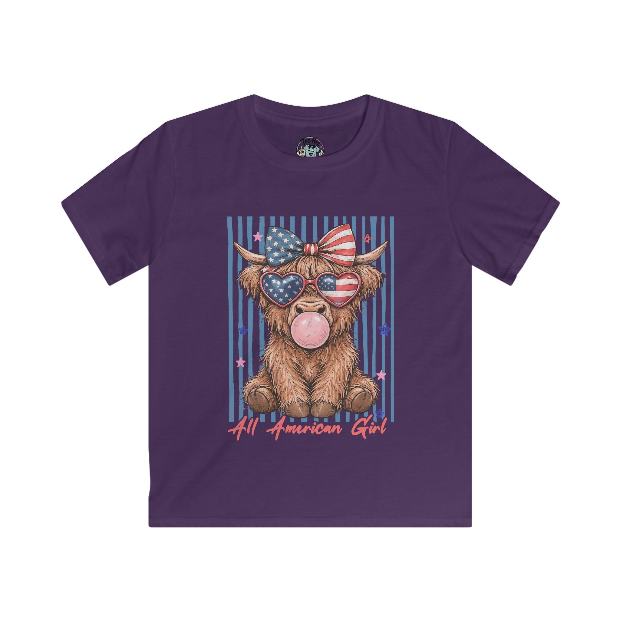 All American Girl Kids Graphic Tee — Patriotic Highland Cow