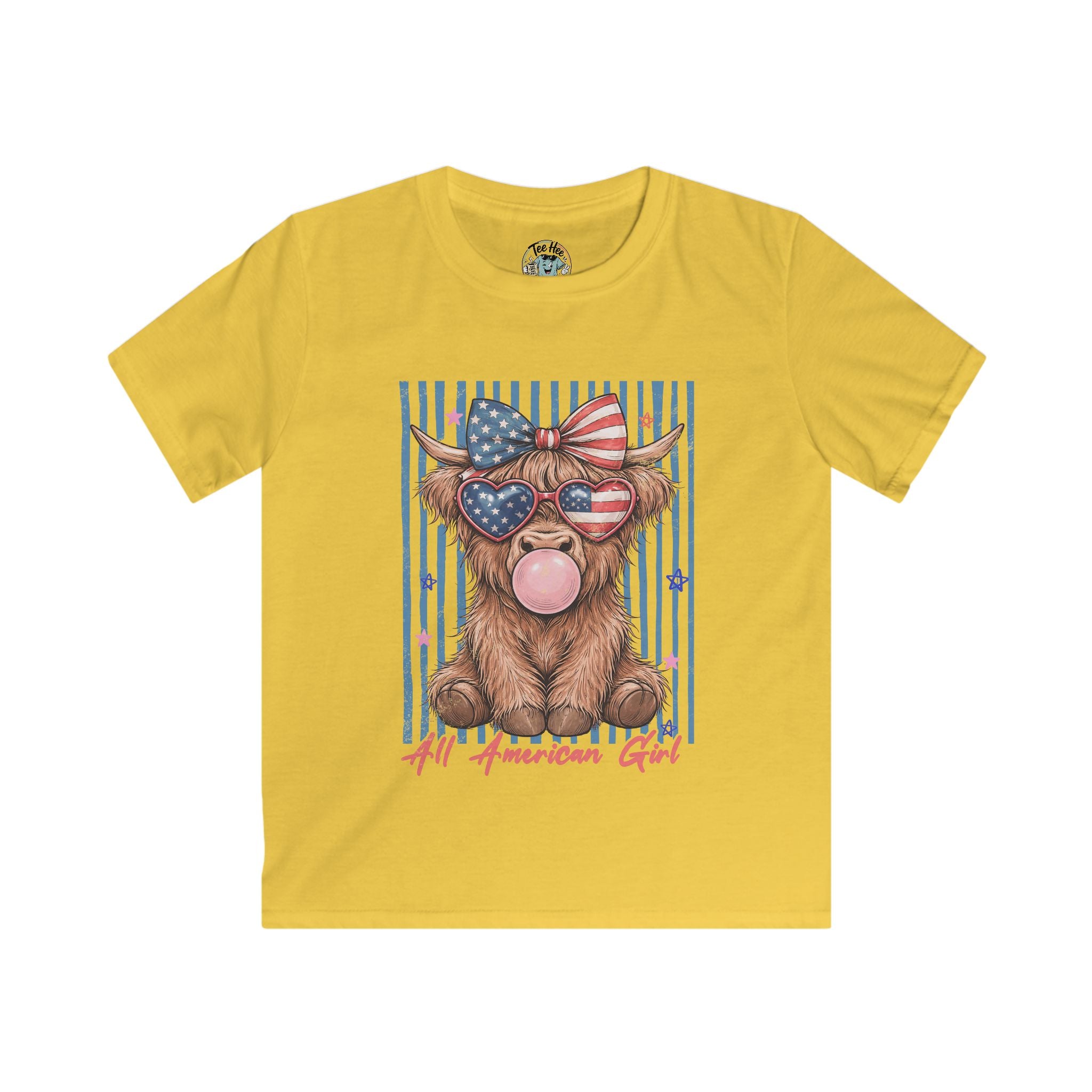 All American Girl Kids Graphic Tee — Patriotic Highland Cow
