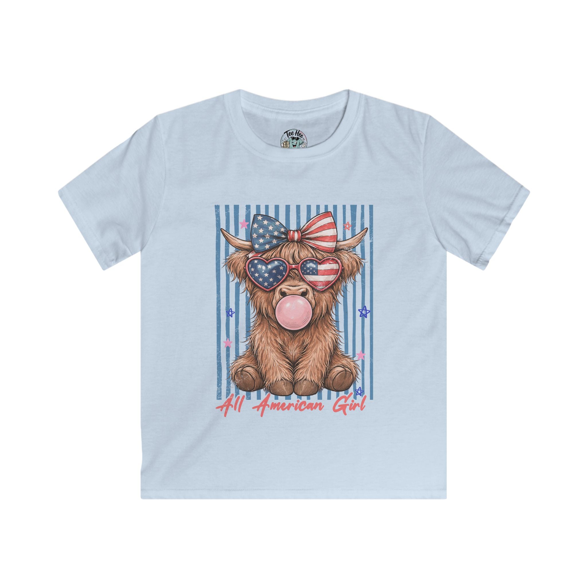 All American Girl Kids Graphic Tee — Patriotic Highland Cow