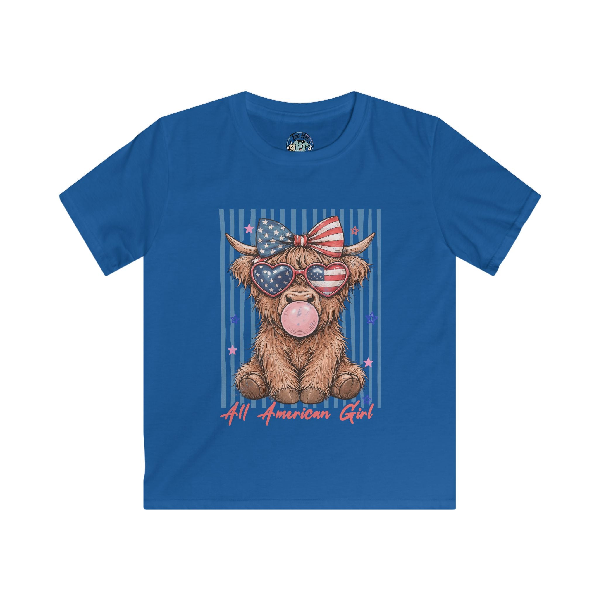 All American Girl Kids Graphic Tee — Patriotic Highland Cow
