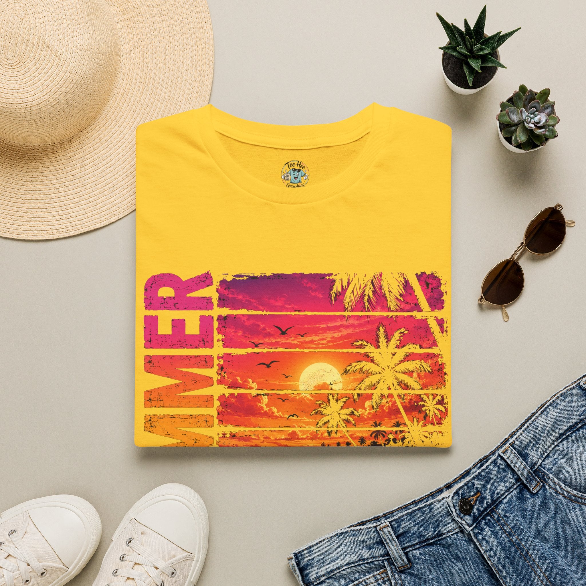 Sunset Palm Beach T-Shirt — Hot Pink & Teal Ocean Vibes