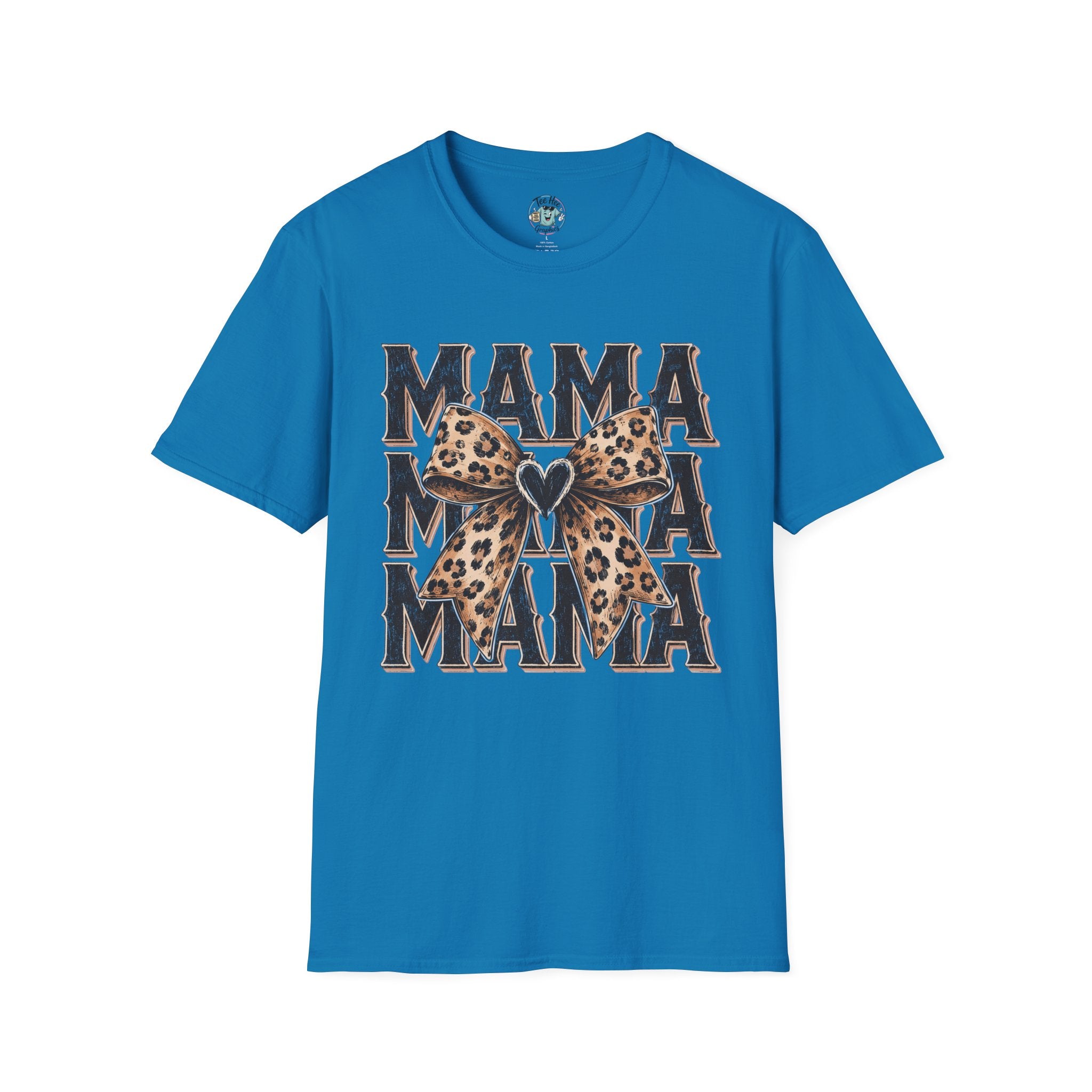Mama Leopard Bow T‑Shirt — Mama Graphic Tee with Leopard Print Bow