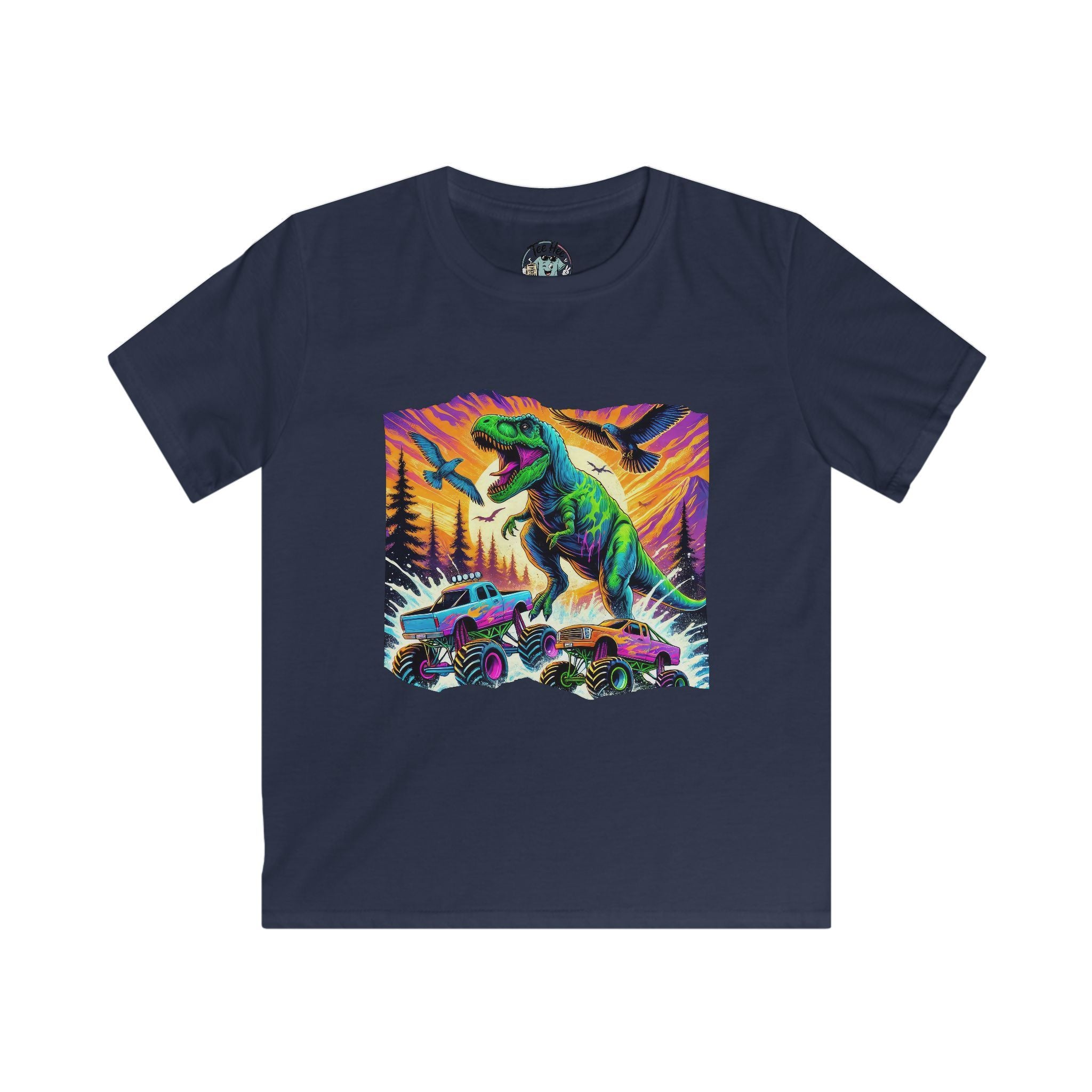 Kids T‑Shirt — Neon T‑Rex & Monster Truck Graphic