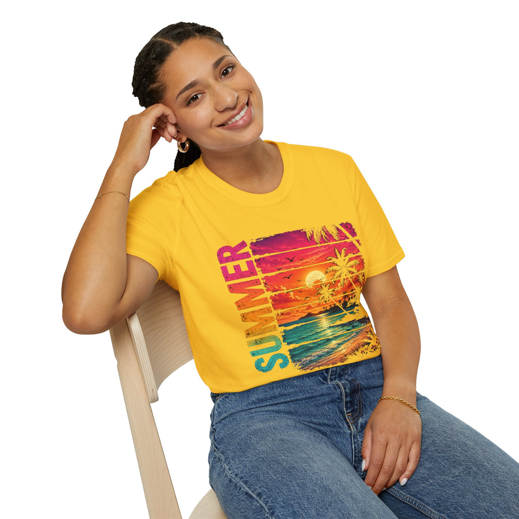 Sunset Palm Beach T-Shirt — Hot Pink & Teal Ocean Vibes