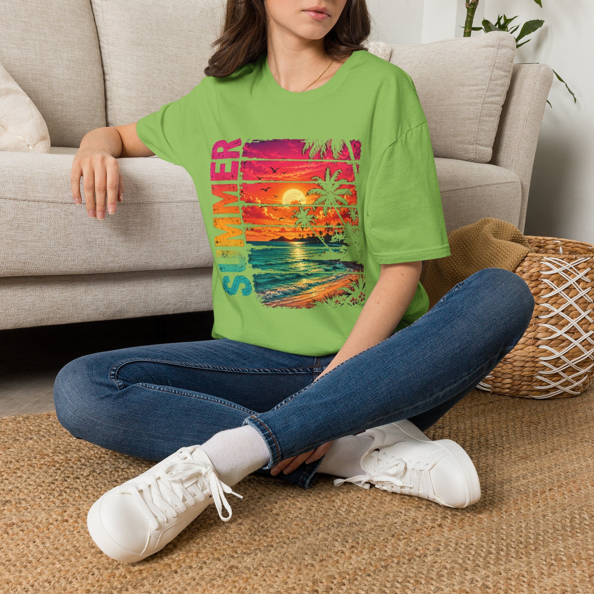 Sunset Palm Beach T-Shirt — Hot Pink & Teal Ocean Vibes