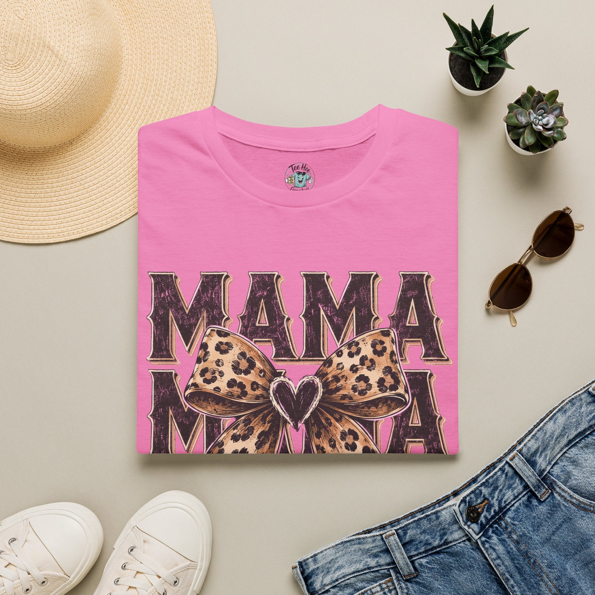 Mama Leopard Bow T‑Shirt — Mama Graphic Tee with Leopard Print Bow
