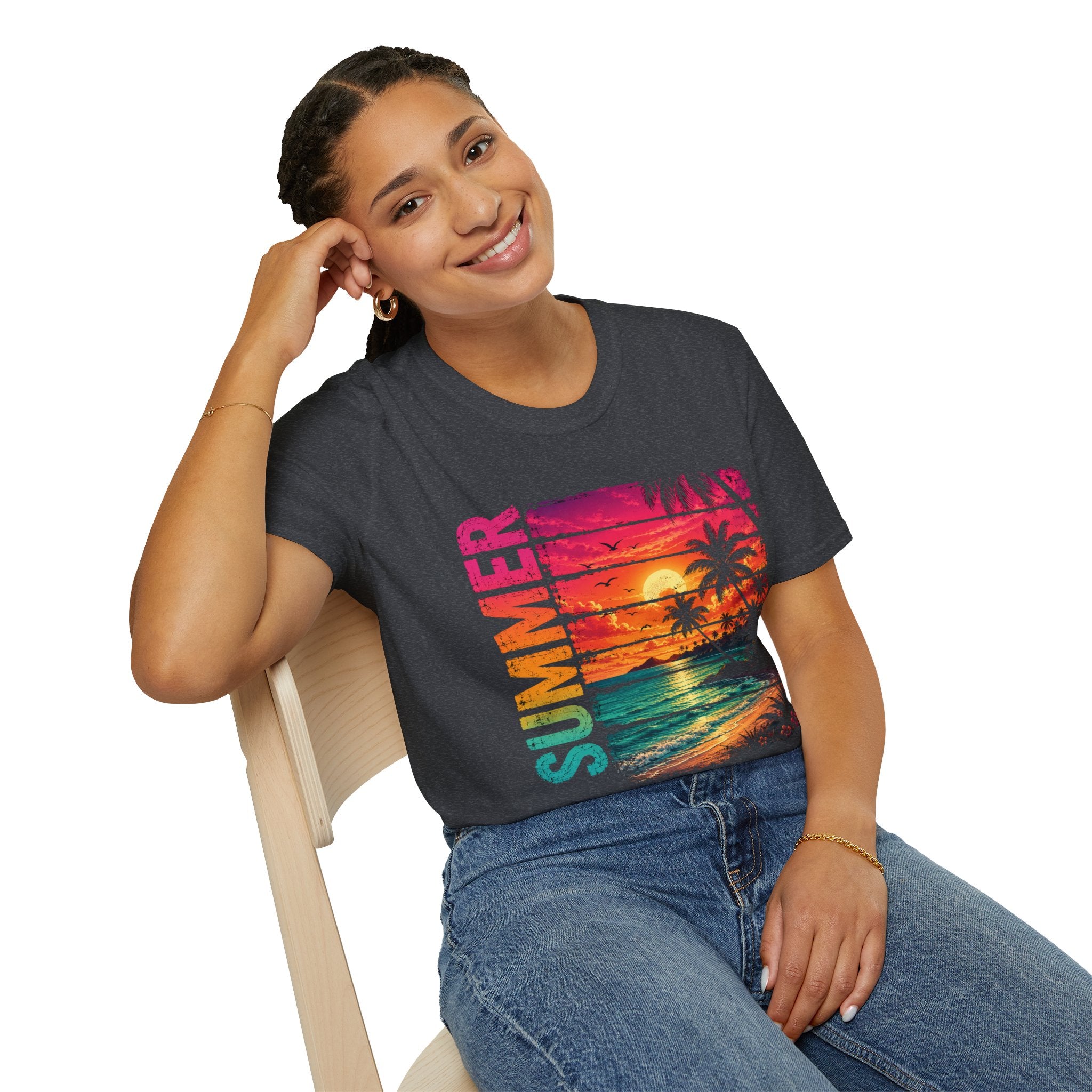 Sunset Palm Beach T-Shirt — Hot Pink & Teal Ocean Vibes