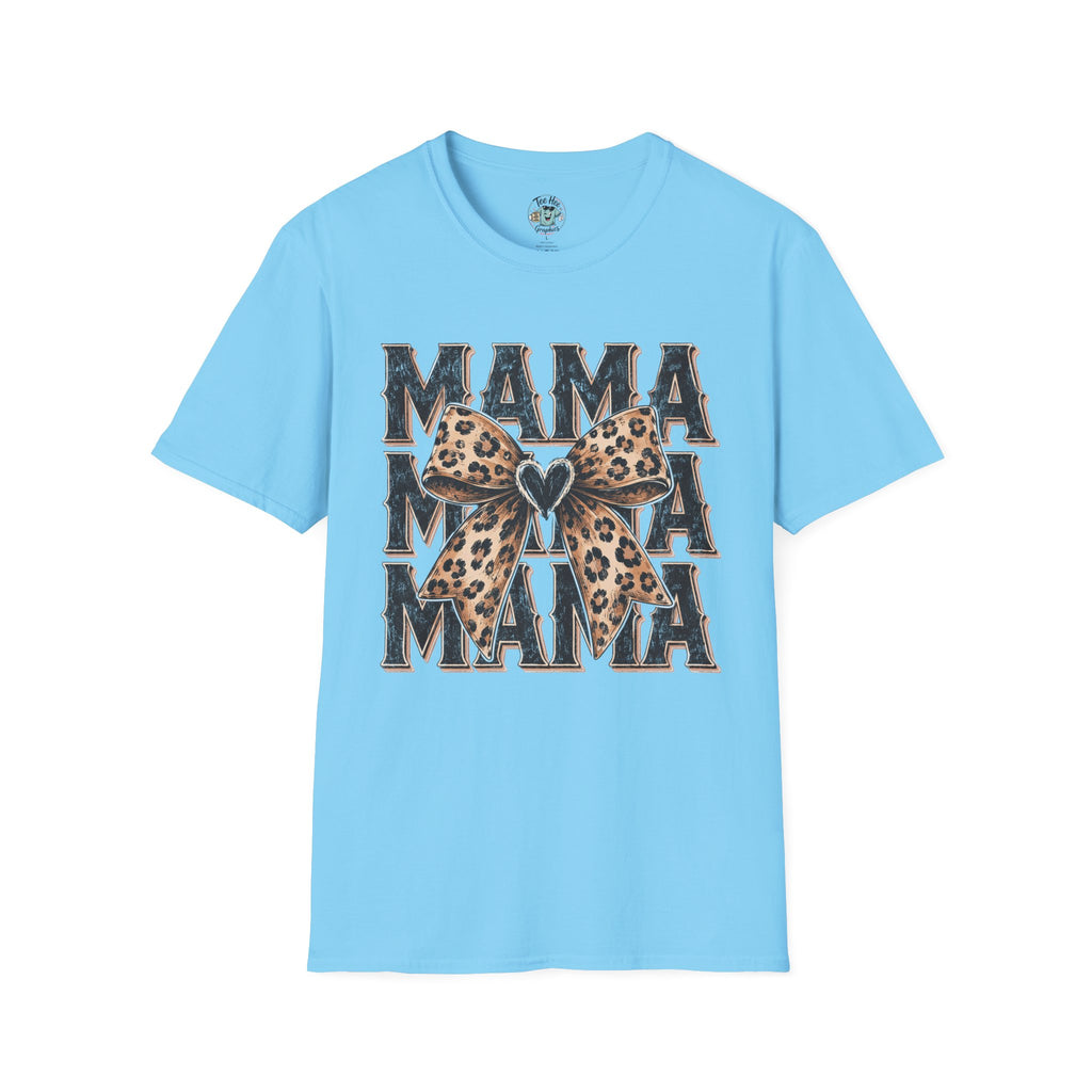 Mama Leopard Bow T‑Shirt — Mama Graphic Tee with Leopard Print Bow