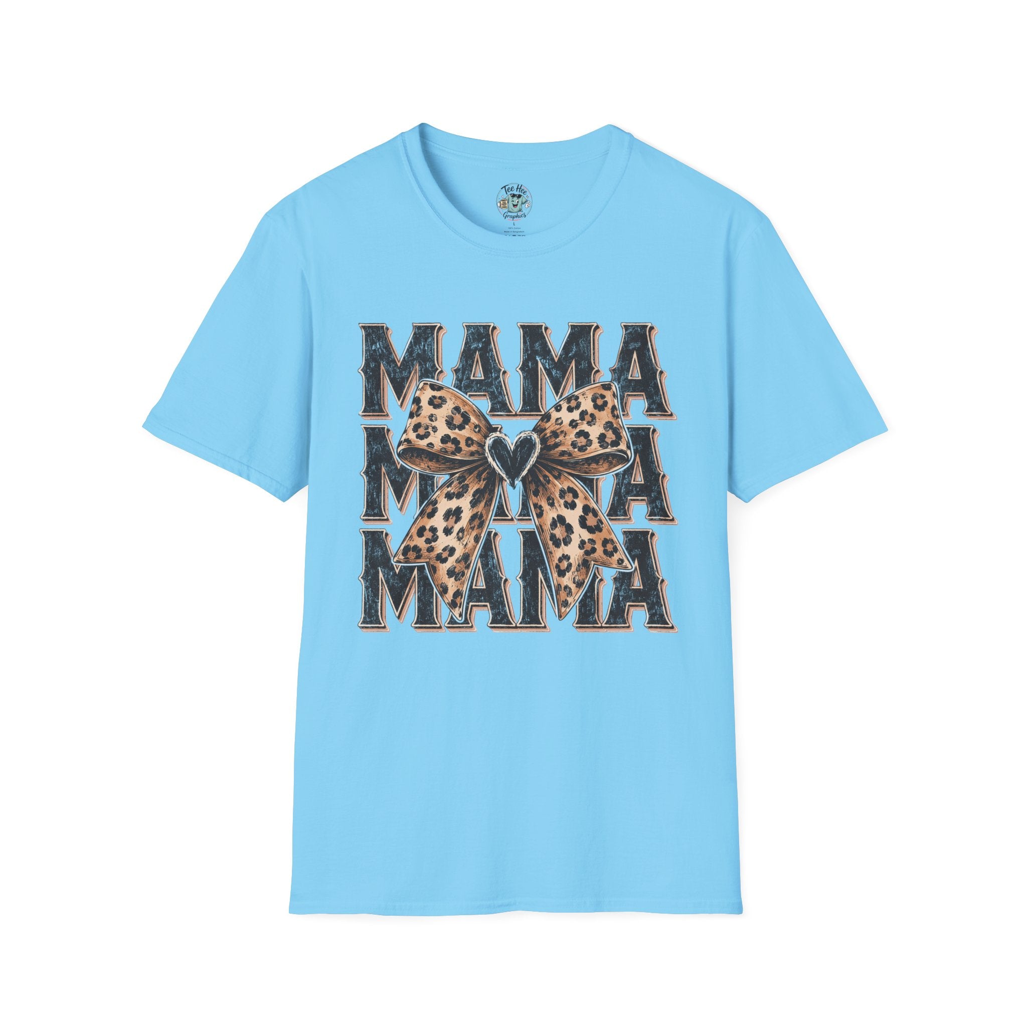 Mama Leopard Bow T‑Shirt — Mama Graphic Tee with Leopard Print Bow