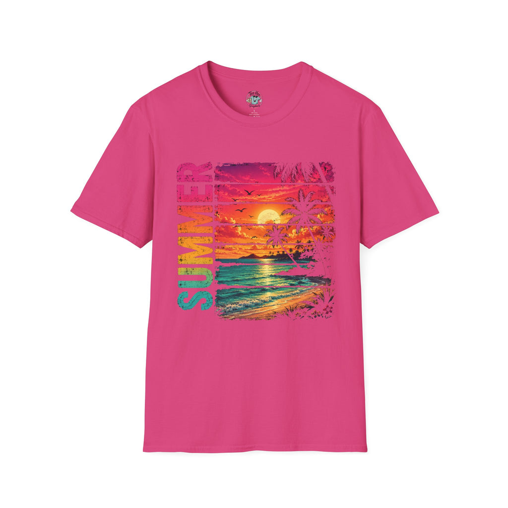 Sunset Palm Beach T-Shirt — Hot Pink & Teal Ocean Vibes