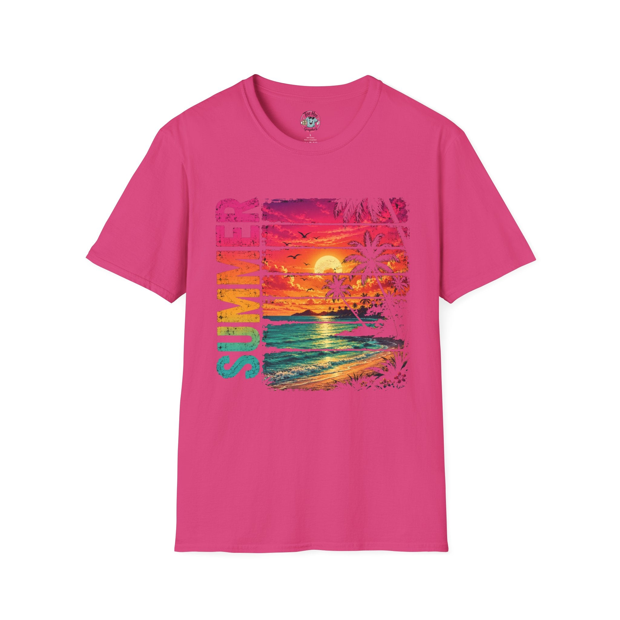 Sunset Palm Beach T-Shirt — Hot Pink & Teal Ocean Vibes